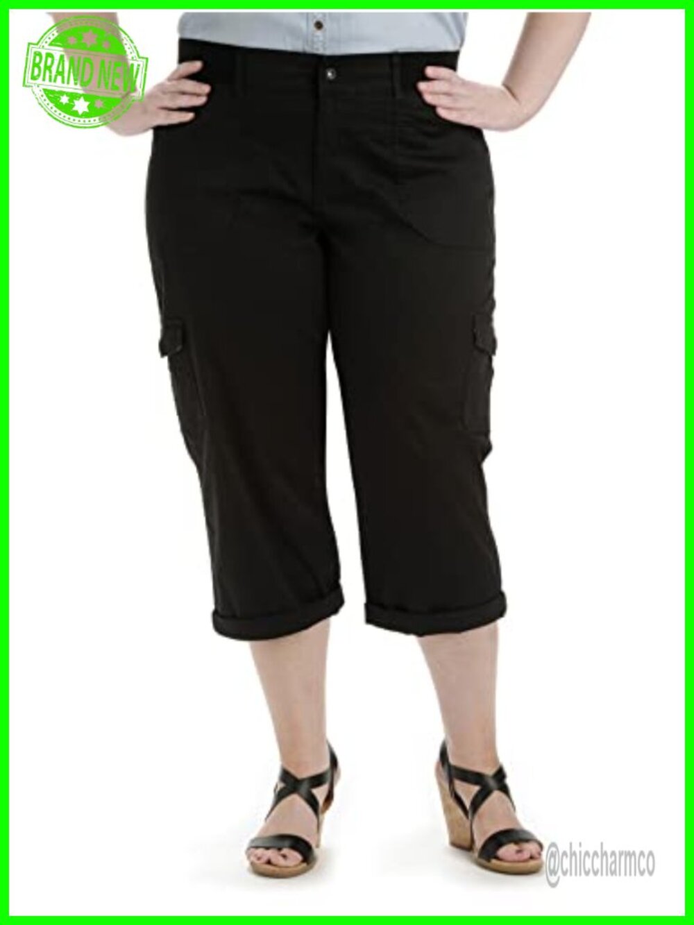 Plus Size Relaxed Fit Knit Waist Cargo Capri Pants Roll Cuff